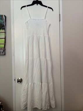 White Smocked Bodice Maxi Dress with Tiered Skirt and Crochet Sweater